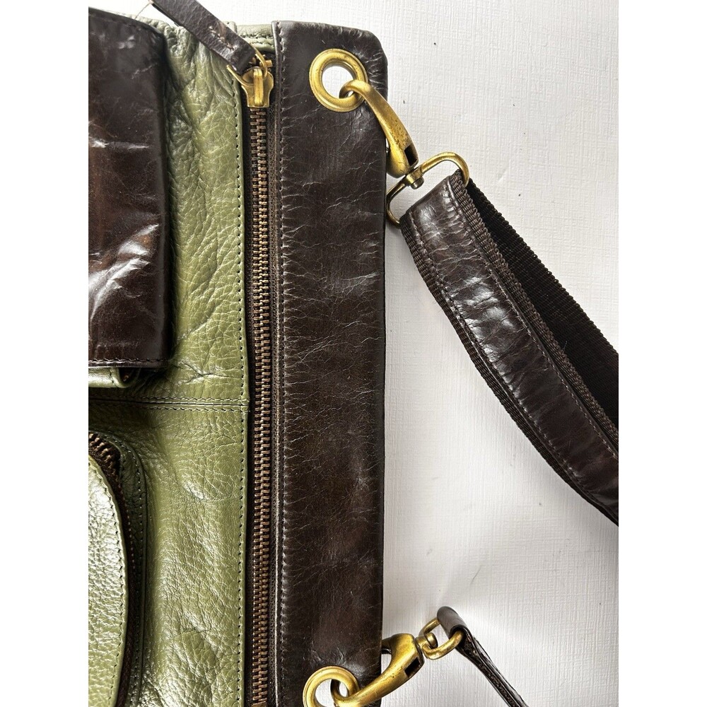 Americana by Sharif Vintage Army Green & Brown Leather Crossbody Gold Lions Gate - Picture 4 of 11